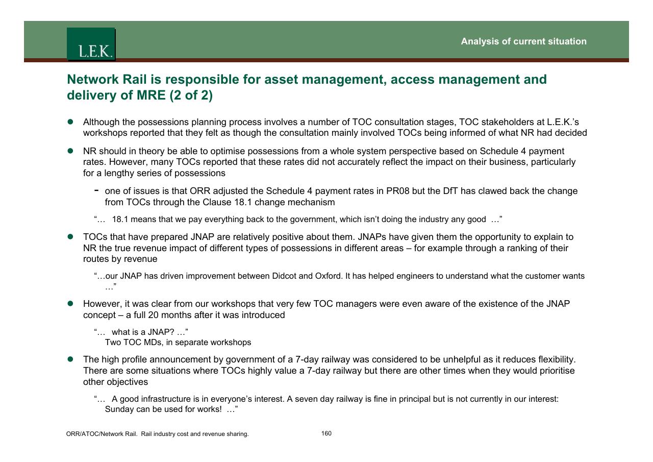 Text slide 161 from Orr_atoc_network Rail Rail Industry Cost And Revenue Sharing