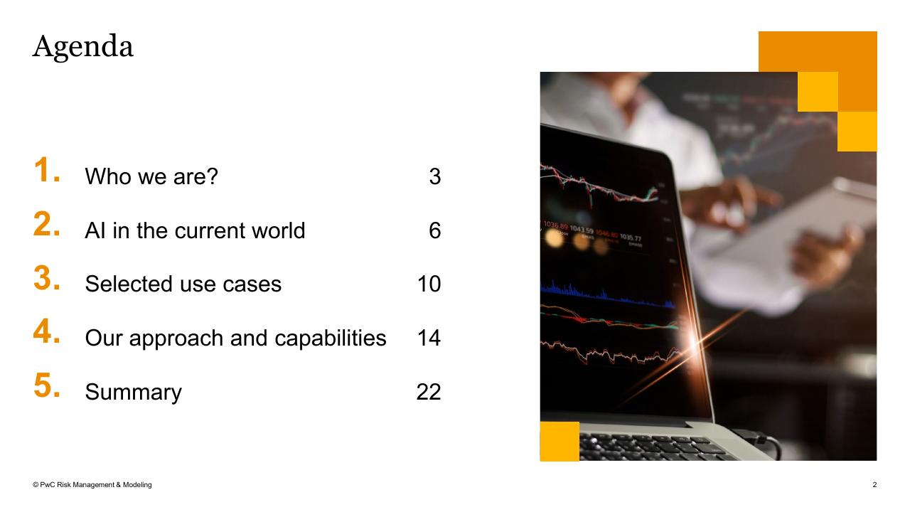 Agenda slide 2 from Ai_ml Use In Risk Management And Compliance PwC Actuarial Risk Quants PwC