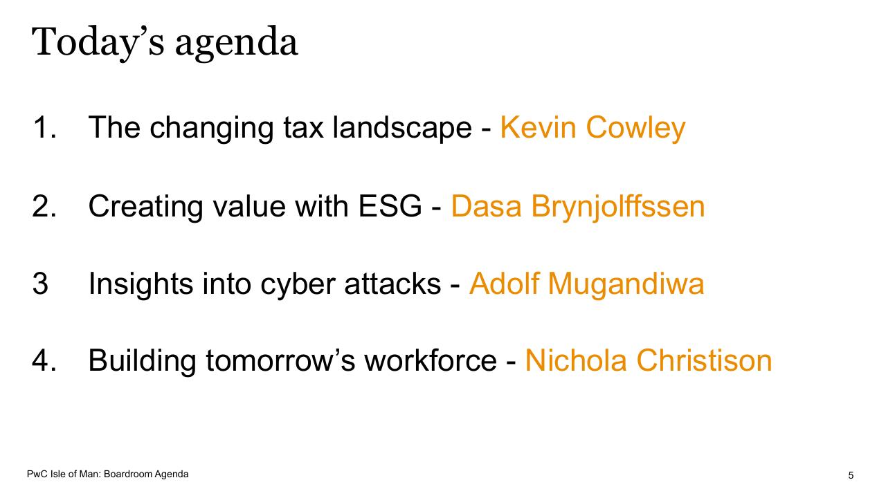 Agenda slide 5 from Boardroom Agenda PwC