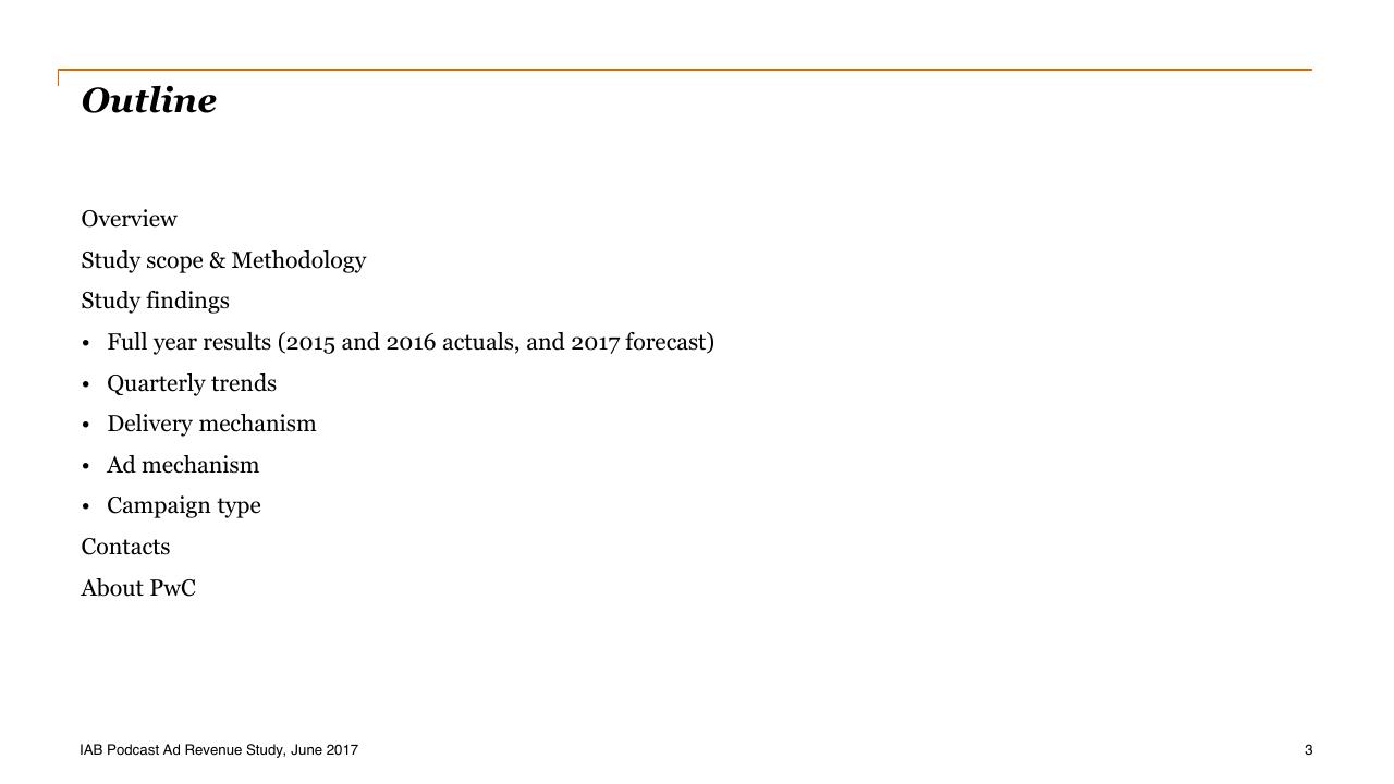 Agenda slide 3 from Iab Podcast Ad Revenue Study_ An Analysis Of The Largest Players In The Podcasting Industry PwC