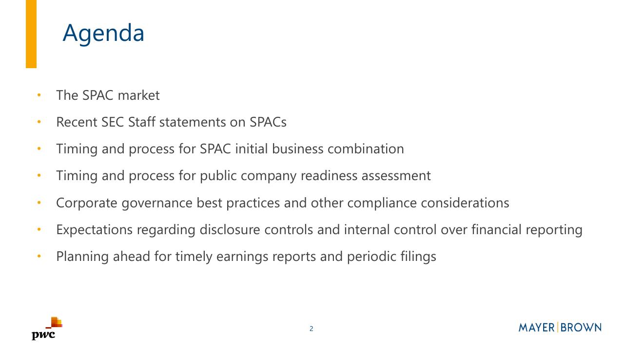 Agenda slide 2 from Merging With A Spac Preparing For Life As A Public Company PwC